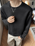 Men'S Casual Sports T-Shirt, 1pc Men'S Fashion Trendy Casual Textured Round Neck Long Sleeve T-Shirt, Loose Fit, Comfortable Stretch Fabric, Suitable for Daily Casual Commuting Wear - Black