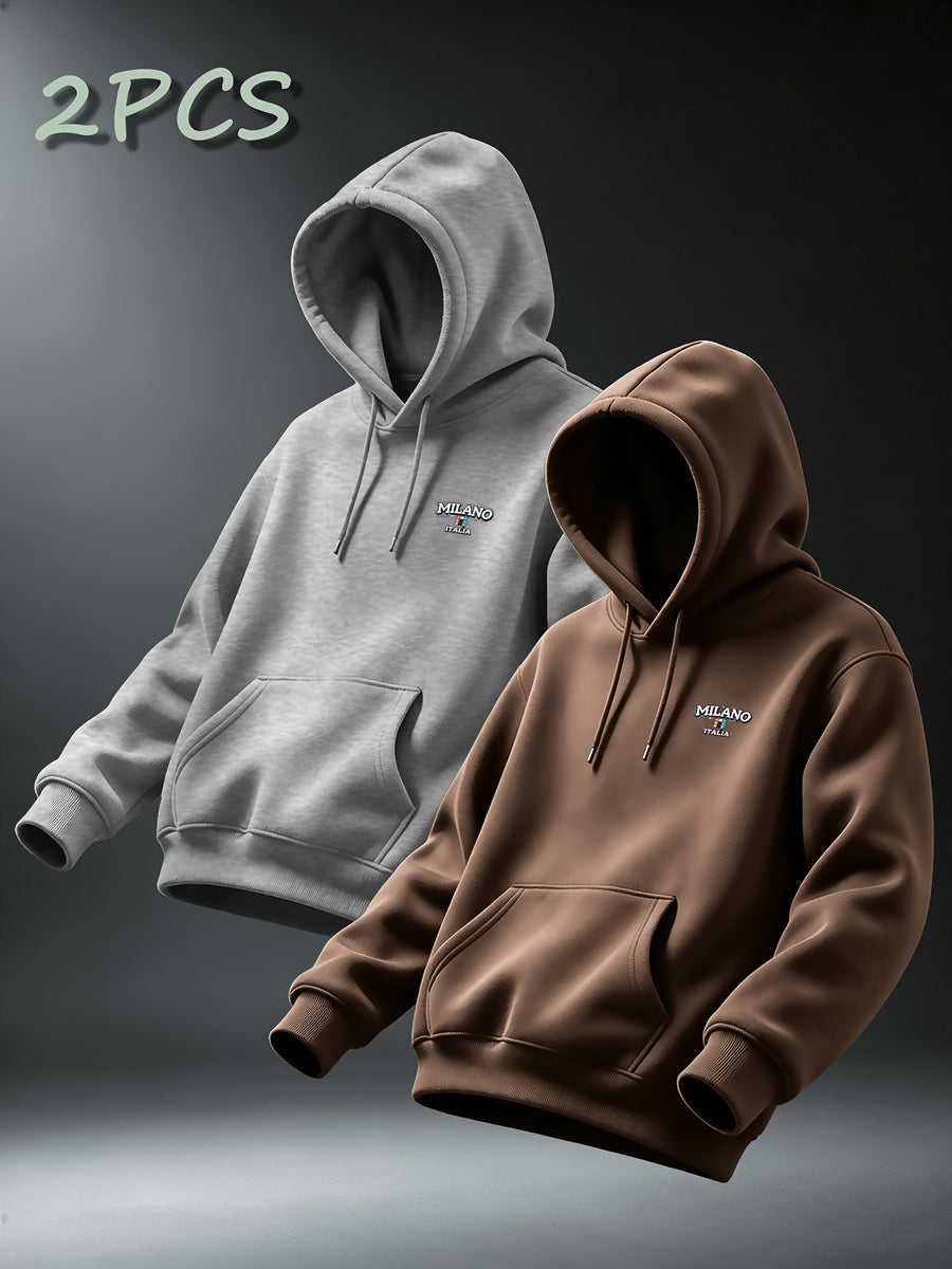[Villa Le Water OBM] 2pcs Set MILANO Print Hooded Sweatshirt Men'S Loose Casual All-Match Pullover Long-Sleeve Hoodie - Light Grey+Brown
