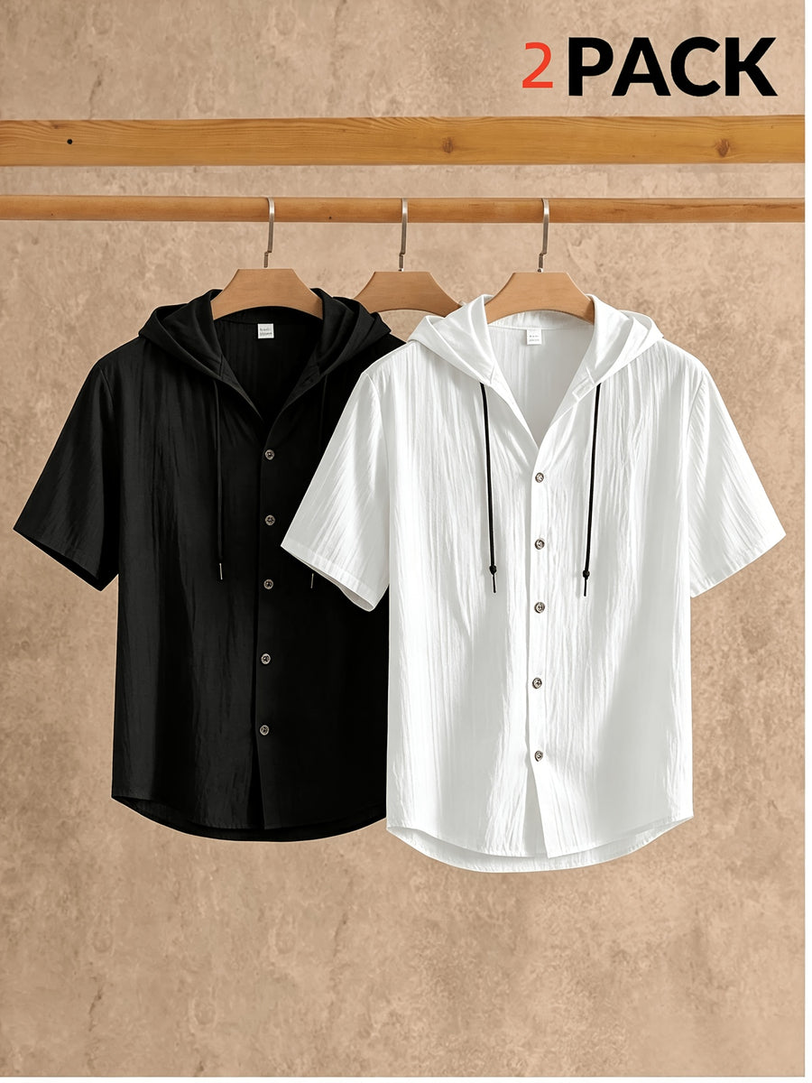 Men's Two-pc Linen Hooded Short-Sleeve Summer Solid Color Beach Vacation Loose Fit Casual Shirt - White+black