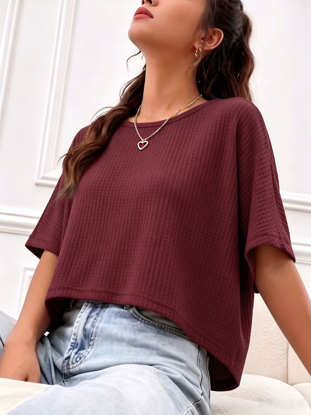 Women's Casual Loose-Fit Waffle Short Crop Crew Neck Short Sleeve T-Shirt for Daily Commuting - Burgundy