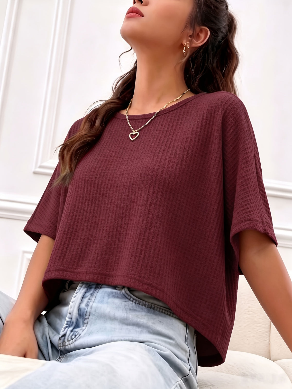 Women's Casual Loose-Fit Waffle Short Crop Crew Neck Short Sleeve T-Shirt for Daily Commuting - Burgundy