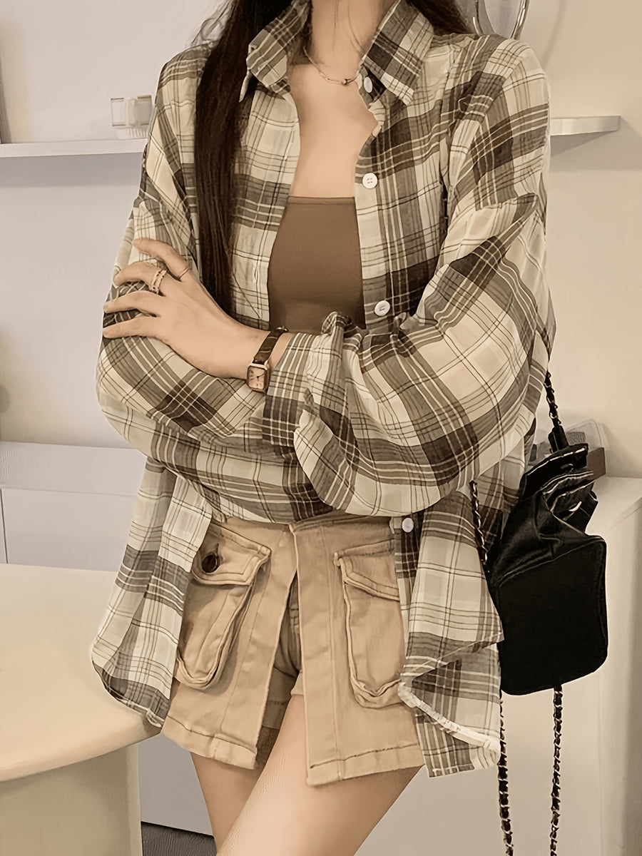 Chiffon Plaid Print Sheer Blouse Top Sunscreen Shirt - Khaki