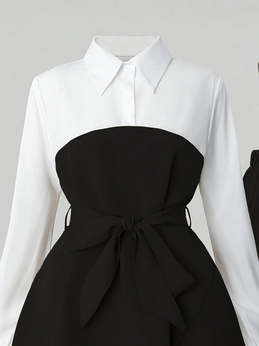 Women's Elegant 2pcs Office Set, Lapel Long-Sleeve Top with Slit Wide-Leg Pants, Business Commuter Style Outfit - Black