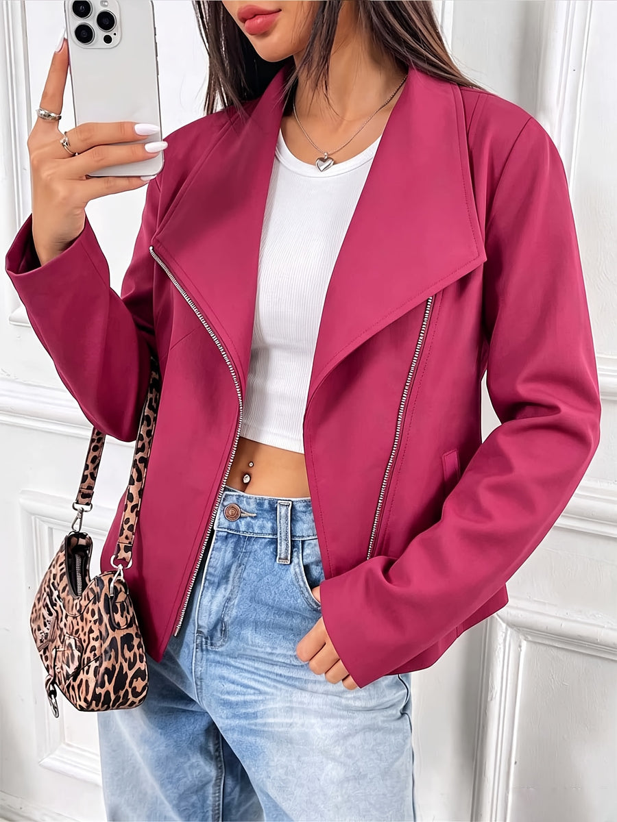 Autumn Winter New European Style Premium Asymmetrical Lapel Diagonal Zipper Short Jacket Solid Color Long Sleeve Top - Rose Red