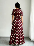 Women'S Printed Round Neck Casual Waist Dress - Burgundy