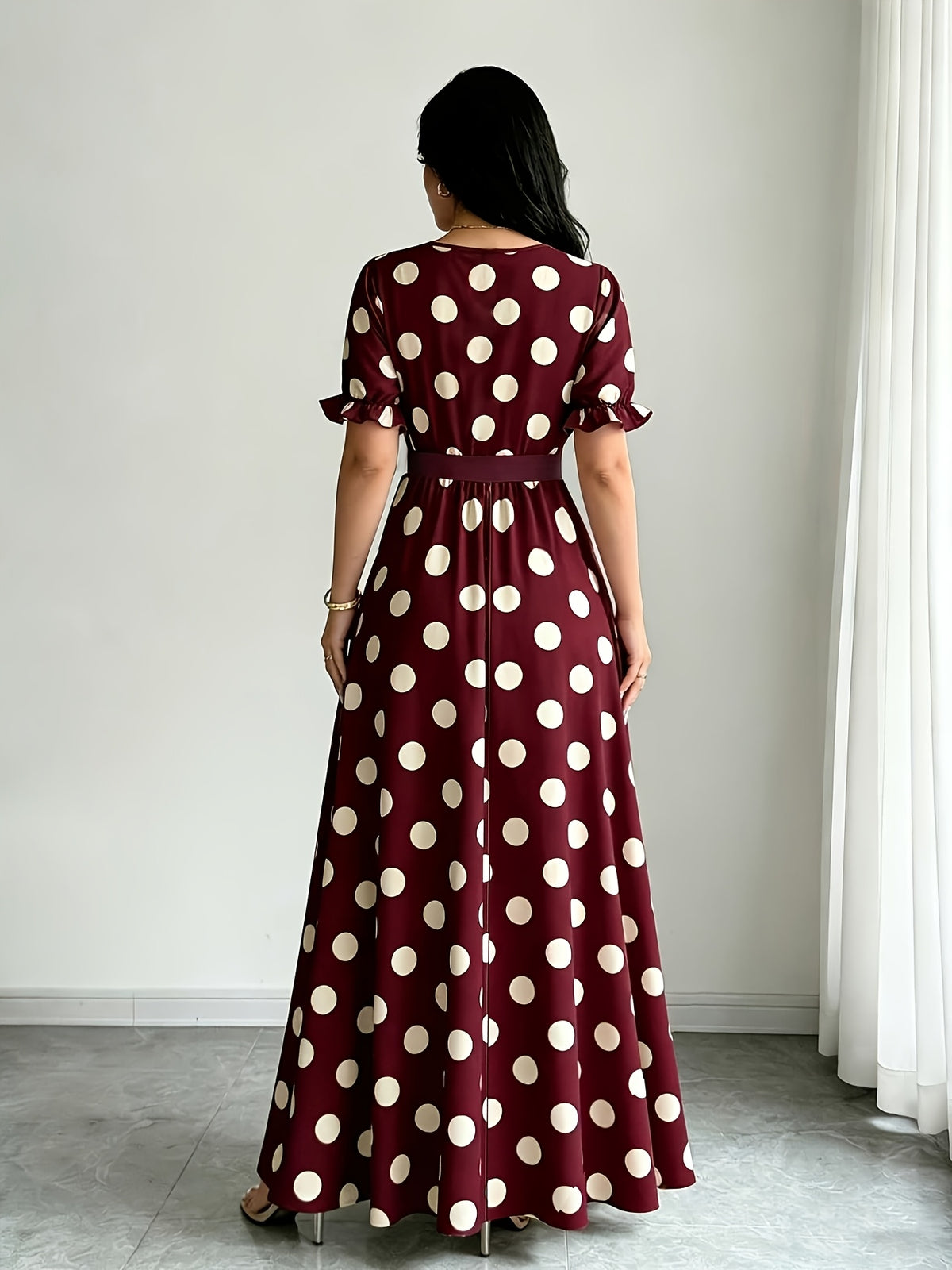 Women'S Printed Round Neck Casual Waist Dress - Burgundy