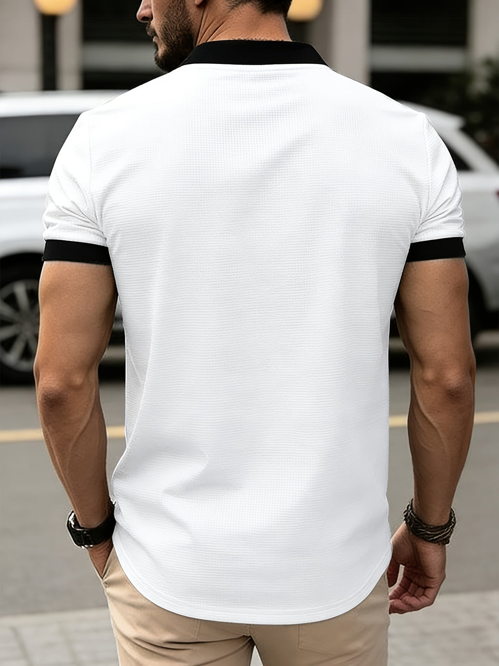 [Printed Design - Not Textured] New Men's Summer British Style Fashion, Simple and Casual. Features a 230g Waffle Knit T-shirt with a Heart-Shaped Neckline and Contrast Colors. Suitable for Daily Outings and Leisure, Part of a Simple - White
