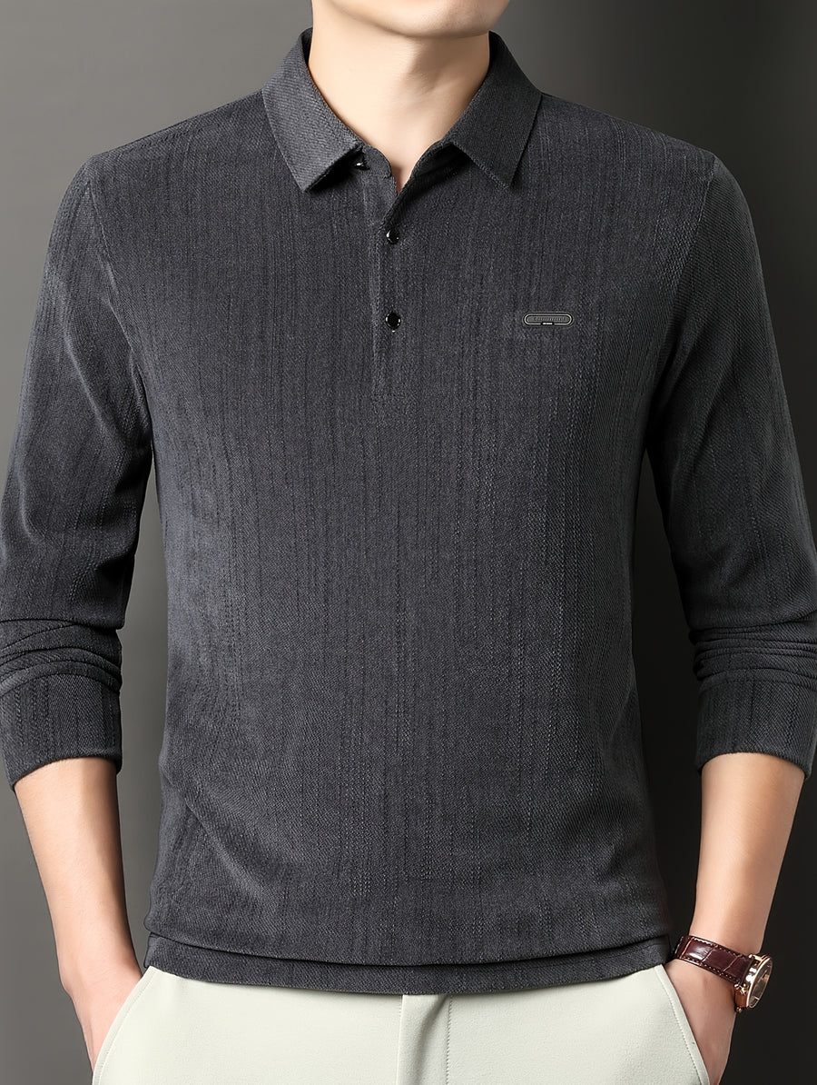 Men's Spring/Autumn Lightweight Knitted Long-Sleeve Polo Shirt with Vertical Stripe Texture, Lapel Collar, Three-Button Placket, Business Casual Versatile Base Layer Top for Middle-Aged Men - Grey