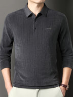Men's Spring/Autumn Lightweight Knitted Long-Sleeve Polo Shirt with Vertical Stripe Texture, Lapel Collar, Three-Button Placket, Business Casual Versatile Base Layer Top for Middle-Aged Men - Grey