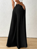 High-Waist Wide-Leg Pants, Solid Color, with Pleats And Button Details, Soft Style - Black