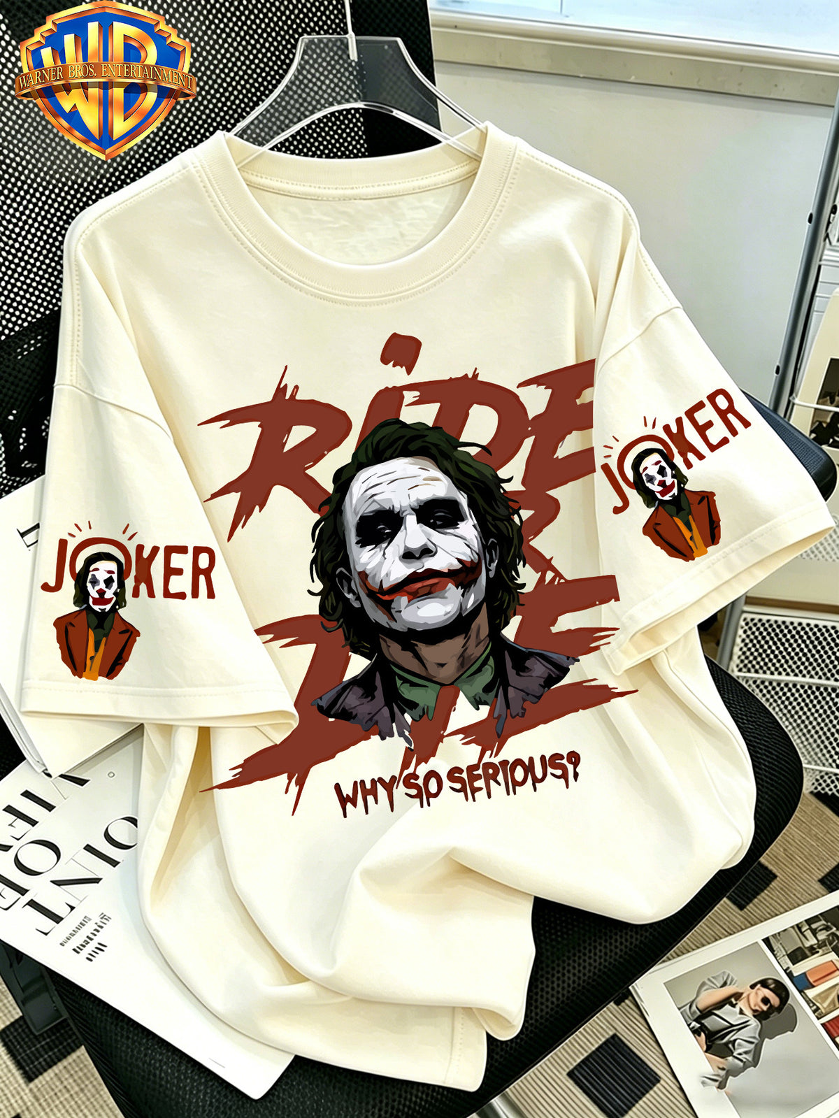 Warner Bros. Official - Batman Dark Knight Heath Ledger Joker Printed T-Shirt, Men'S 100% Casual And Comfortable Multi Functional Loose Summer Short Sleeved T-Shirt, Suitable for Outdoor And Daily Wearing - Apricot