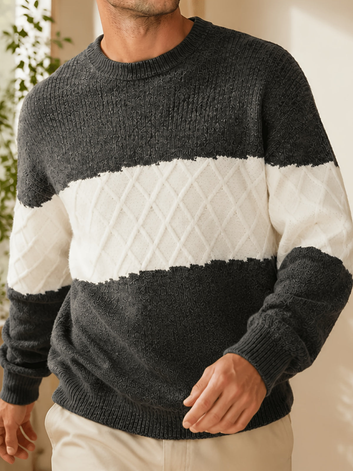 Men's Du Jing Lan OBM Contrast Color Knit Sweater - Old Money Style Business Casual Pullover with Color-Blocking, Ribbed Crew Neck Sweater Suitable for Layering, Golf, Basketball, Outdoor & Daily Wear, Spring/Autumn Winter Wardrobe - Grey