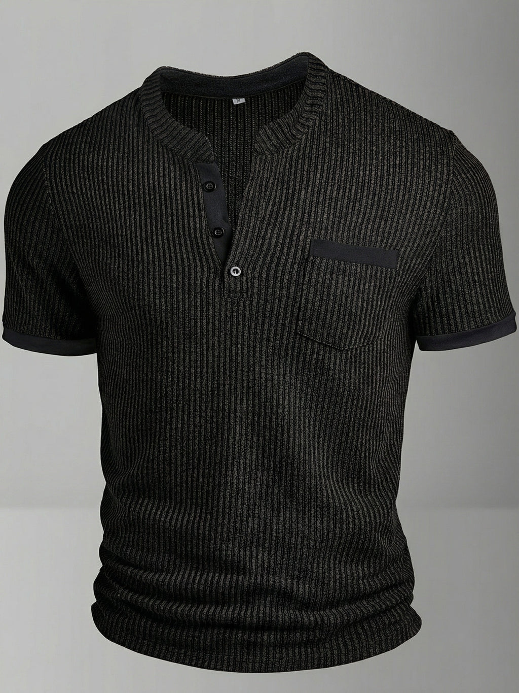 ROYALBOY Spring New Men's Casual Fashion Textured Two-Tone Striped Henley Shirt - Short Sleeve, Stand Collar, Suitable for Casual Outdoor Wear, Machine Washable, 100% Polyester Durable Wear-Resistant Fabric - Black