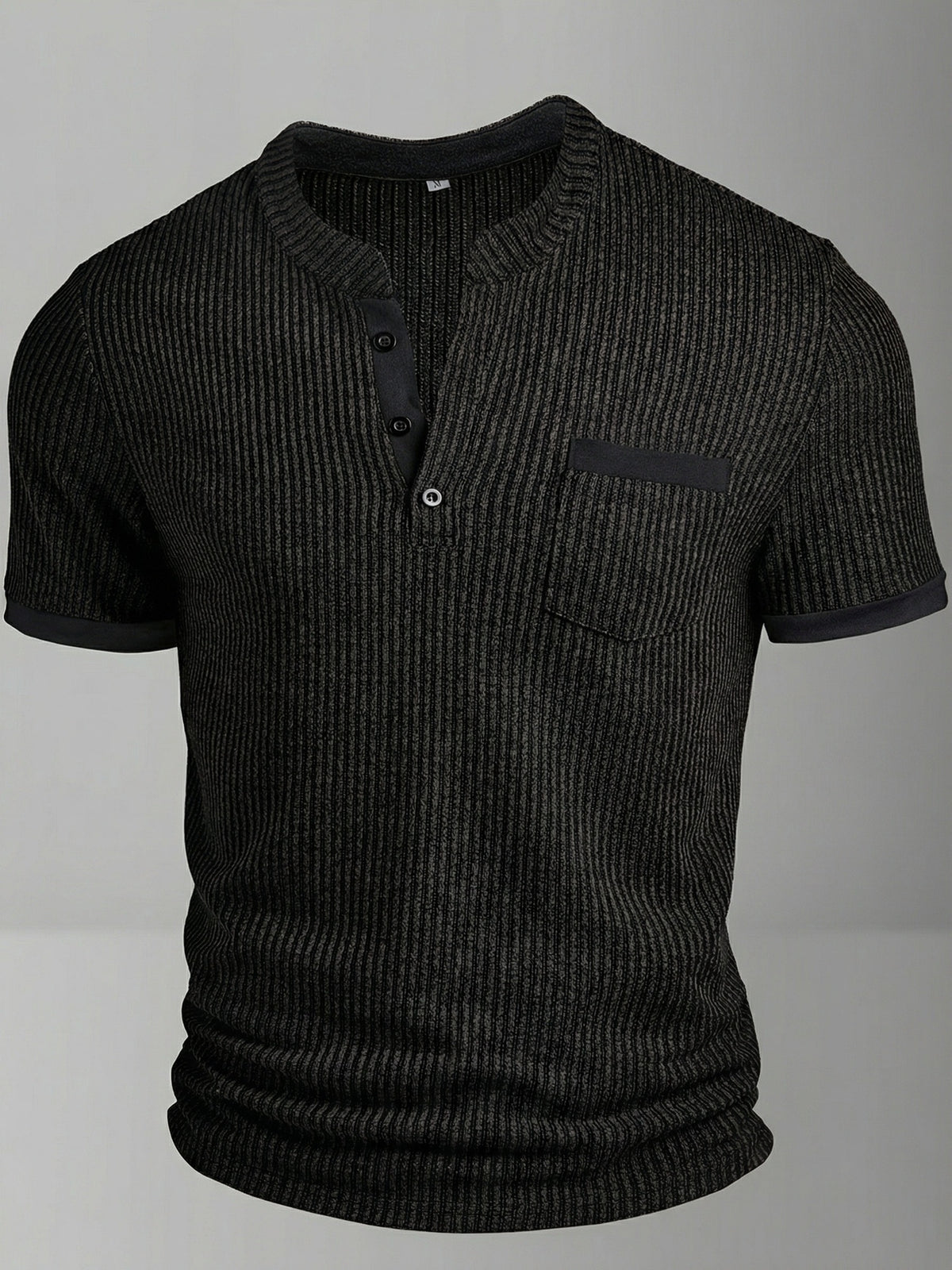 ROYALBOY Spring New Men's Casual Fashion Textured Two-Tone Striped Henley Shirt - Short Sleeve, Stand Collar, Suitable for Casual Outdoor Wear, Machine Washable, 100% Polyester Durable Wear-Resistant Fabric - Black