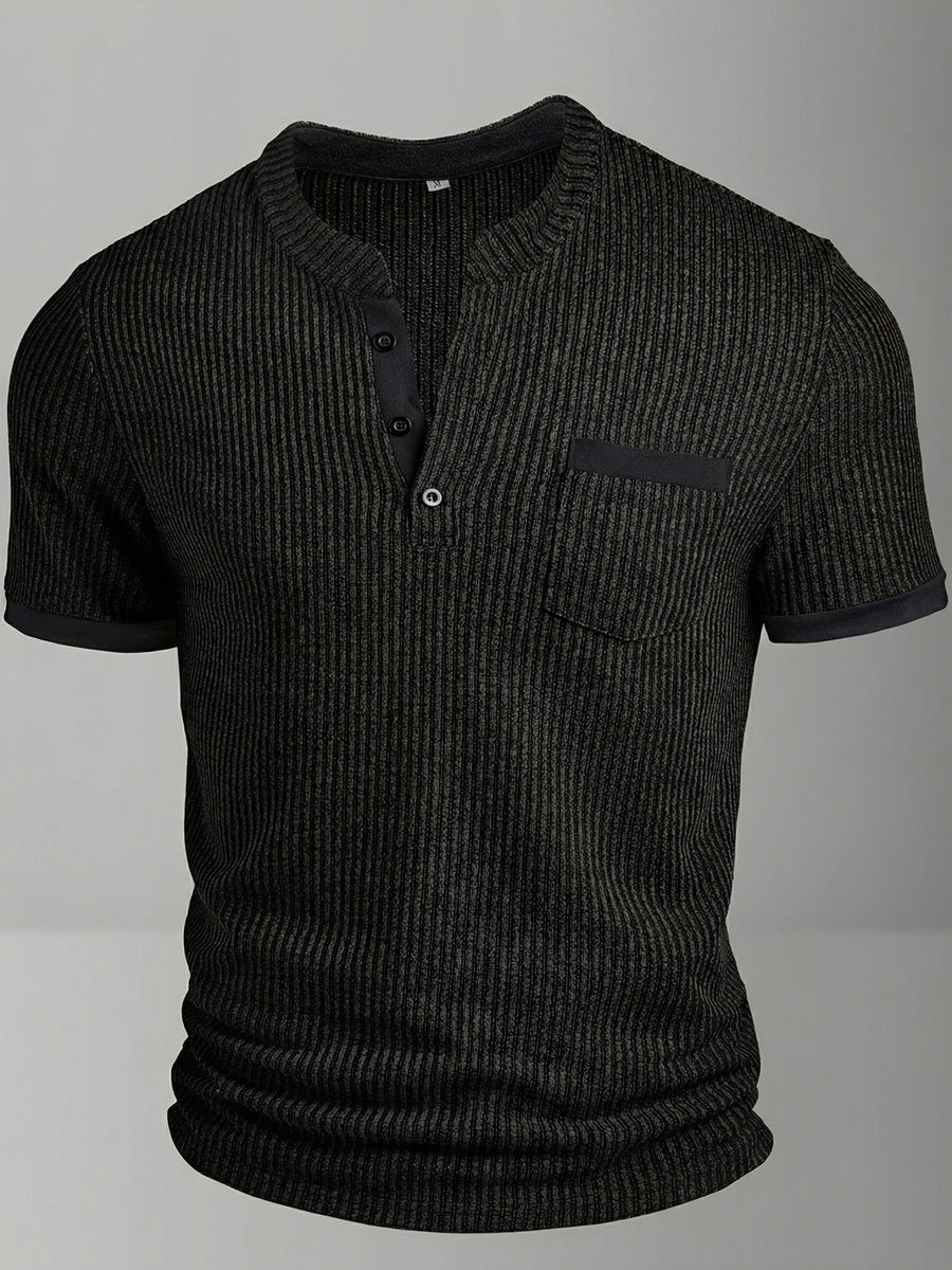 ROYALBOY Spring New Men's Casual Fashion Textured Two-Tone Striped Henley Shirt - Short Sleeve, Stand Collar, Suitable for Casual Outdoor Wear, Machine Washable, 100% Polyester Durable Wear-Resistant Fabric - Black