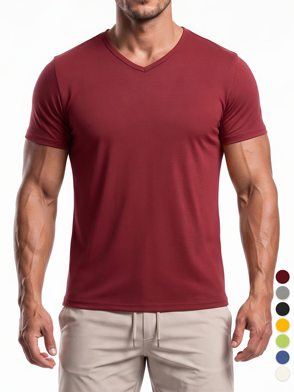 Men's Minimalist Sporty V-Neck Quick-Dry T-Shirt, Lightweight Breathable Moisture-Wicking Polyester Fiber Short-Sleeve Top, Solid Color Slim-Fit Casual Fitness Shirt, Suitable for Fitness, Running, Outdoor, Light Outdoor, and Urban Commuting - Burgundy
