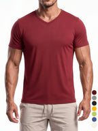Men's Minimalist Sporty V-Neck Quick-Dry T-Shirt, Lightweight Breathable Moisture-Wicking Polyester Fiber Short-Sleeve Top, Solid Color Slim-Fit Casual Fitness Shirt, Suitable for Fitness, Running, Outdoor, Light Outdoor, and Urban Commuting - Burgundy