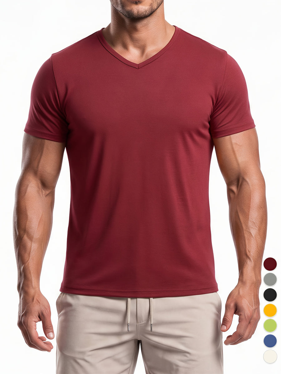 Men's Minimalist Sporty V-Neck Quick-Dry T-Shirt, Lightweight Breathable Moisture-Wicking Polyester Fiber Short-Sleeve Top, Solid Color Slim-Fit Casual Fitness Shirt, Suitable for Fitness, Running, Outdoor, Light Outdoor, and Urban Commuting - Burgundy