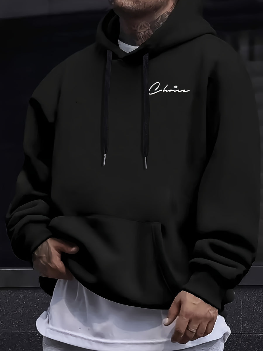 Print, Men'S Casual And Cozy Hoodies, Trendy Long Sleeve Hooded Sweatshirt, Casual Versatile Top for Autumn Winter - Black