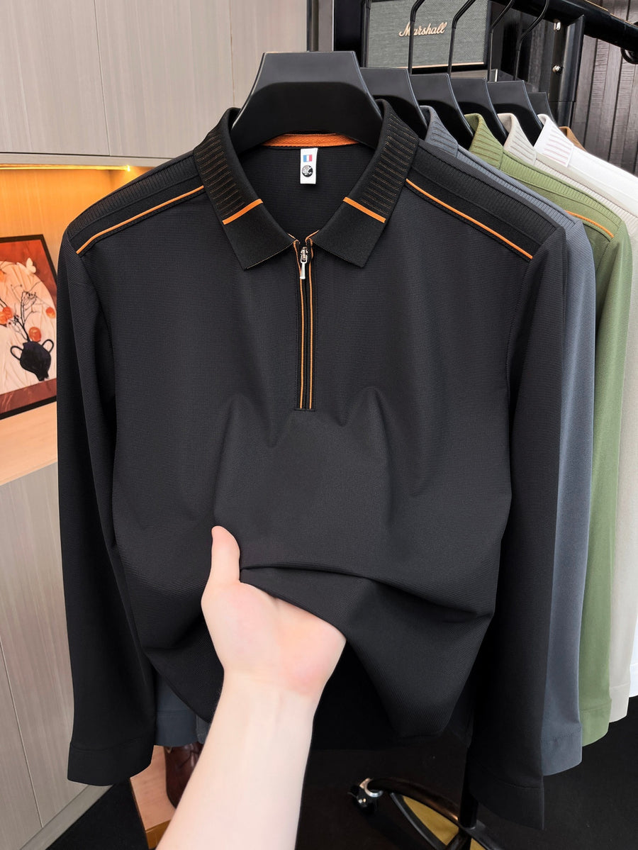 Men'S Clothing Golf Fishing Tennis Sports Solid Color Long Sleeve Lapel Polo Shirt New Long Sleeve T-Shirt Men Half Zip Seamless Polo Shirt Business Menswear Spring Autumn Casual Top Zip Lapel Tee Loose Daily Wear for Middle-Aged Men - Black