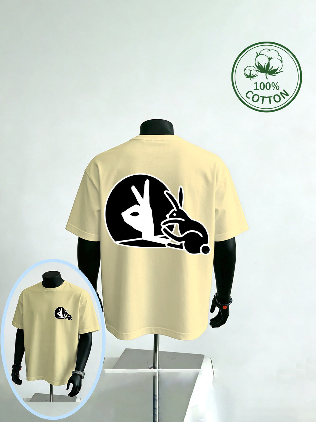 New Summer Style Men's Casual Sportswear with Rabbit Hand Shadow Print, Pure Cotton Short Sleeve, Moisture-Wicking and Sweat-Absorbing, Comfortable for Casual Streetwear and Outdoor Sports & Fitness - Apricot