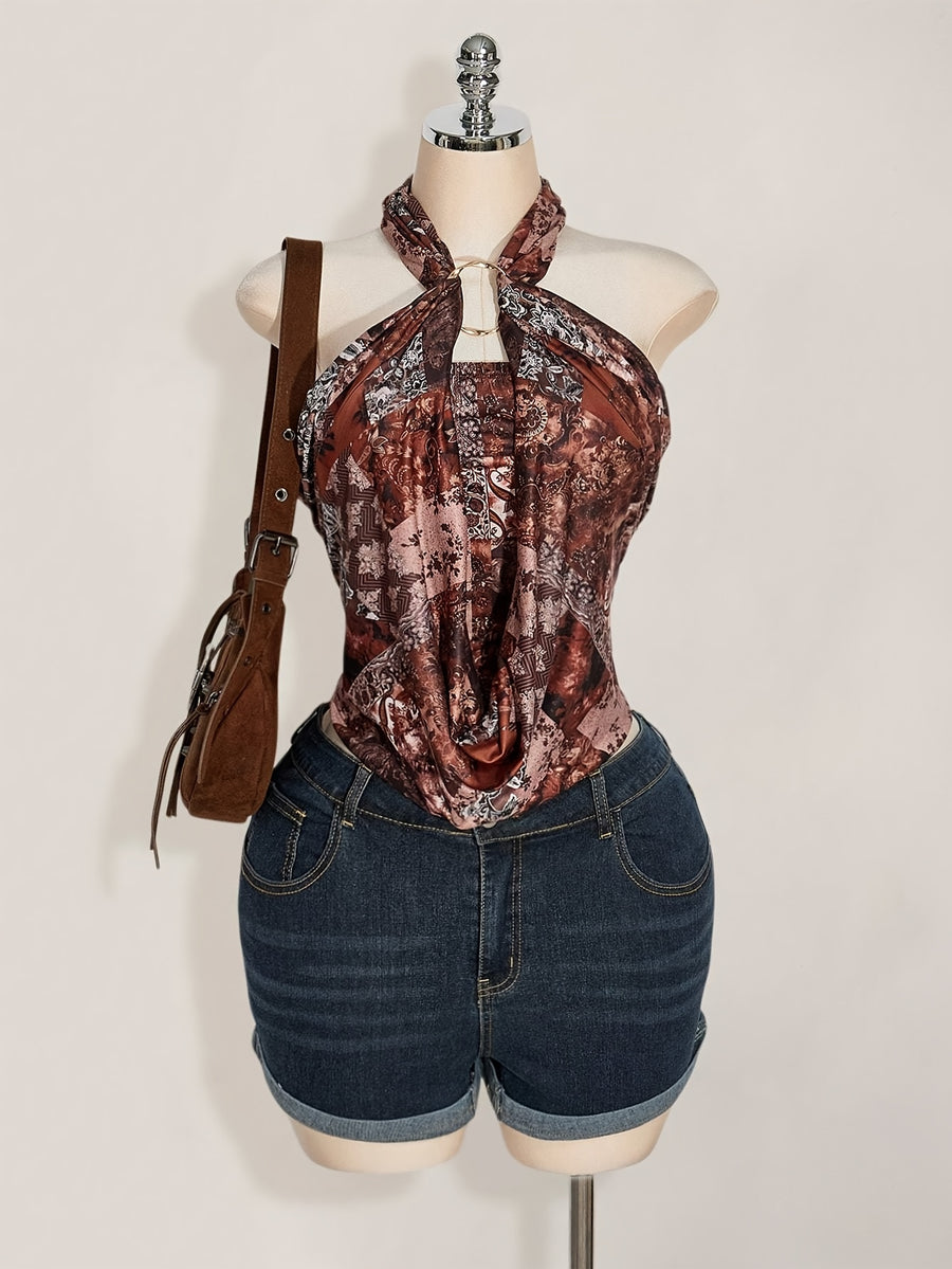 Vintage Printed Halter Crop Top for Women, Metal Ring Cutout Cowl Neck Sleeveless Backless Tank Top - Mixed colors