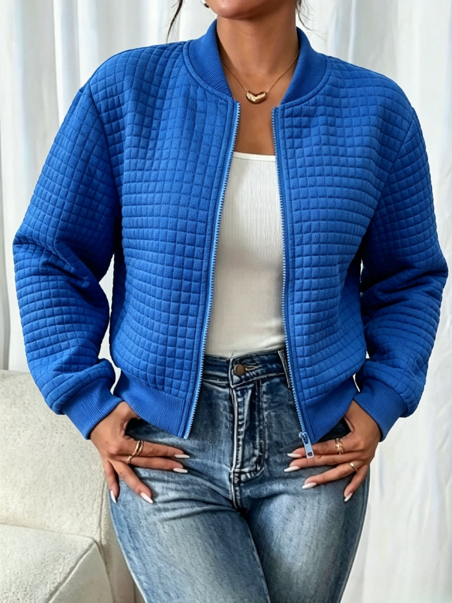 Easy Temperament Checkered Embossed Jacket, Casual All-Match Commute Loose Short Stand-Up Collar Coat Women'S - Vibrant Blue