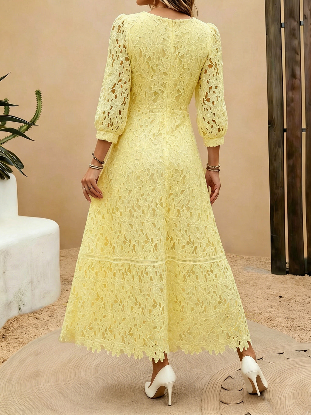 Heavy-Handcrafted French Lace Maxi Dress, Stylish Square Neck with Exquisite Cutout Lace, Elegant And, Ideal for Daily Commute And Dates NIANNIAN Women'S Wear - Yellow