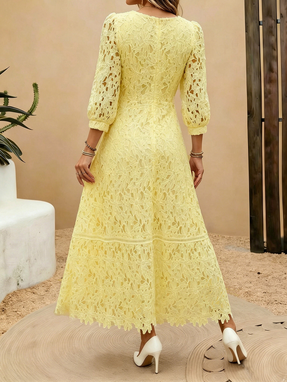 Heavy-Handcrafted French Lace Maxi Dress, Stylish Square Neck with Exquisite Cutout Lace, Elegant And, Ideal for Daily Commute And Dates NIANNIAN Women'S Wear - Yellow