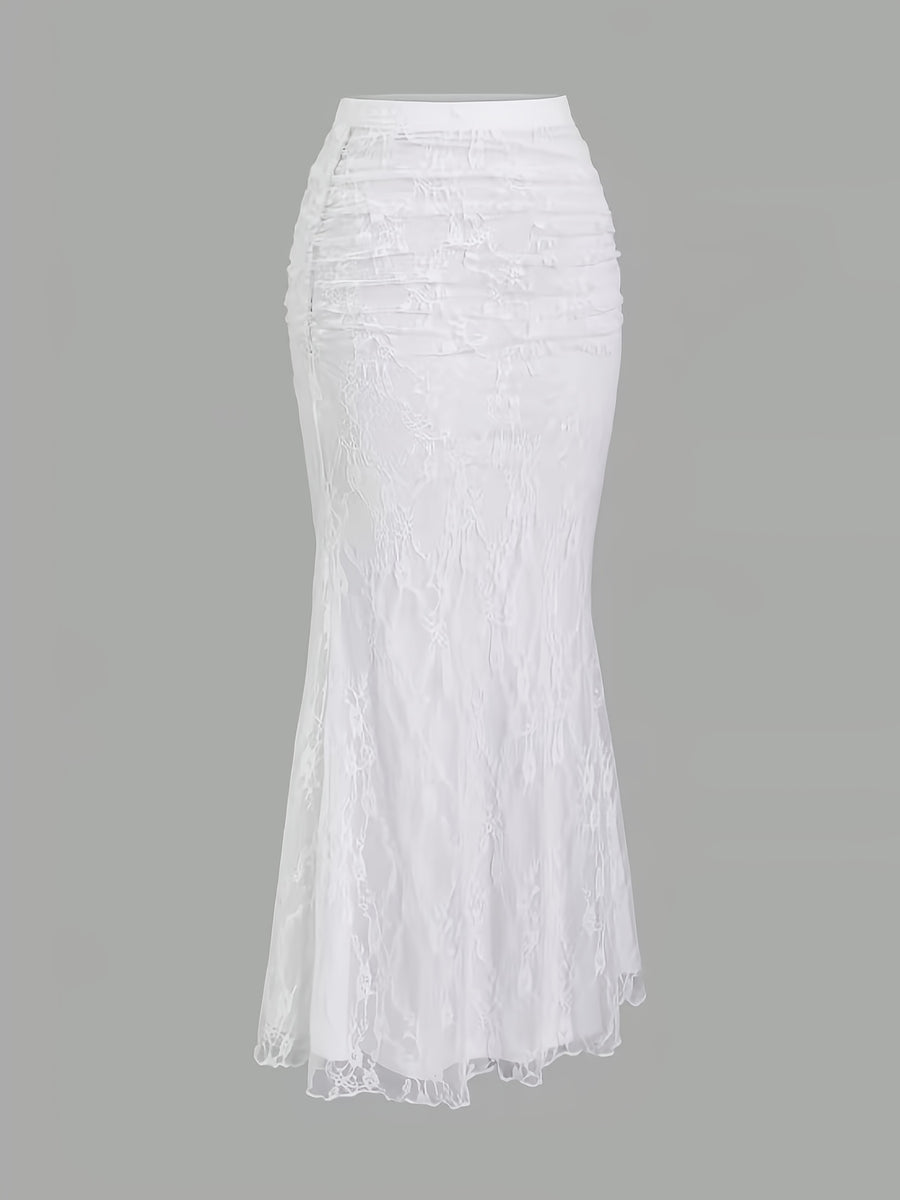 New Women'S Lace Mesh Fishtail Skirt, Temperament Elegant Half-Length Skirt - White