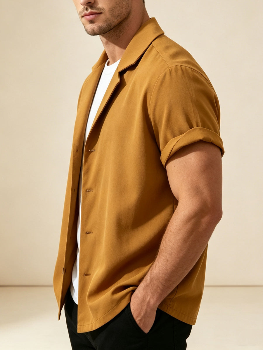 Men's Casual Short-Sleeve Solid Color Shirt - Khaki