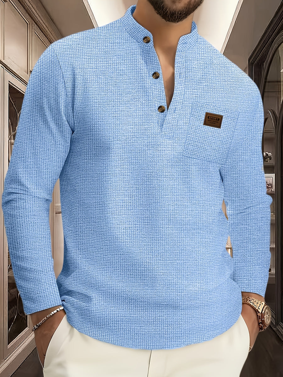 Josh Mei Selection: 2026 New Men's Stand Collar Waffle Texture Long Sleeve Shirt, Three-Button Half Open Lapel with Pocket, Lightweight and Comfortable Basic Top for Daily Outings - Light Blue