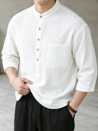 Pullover Three-Quarter Sleeve Shirt Men'S Summer Chinese Style Casual Stand-Up Collar Solid Color T-Shirt Short Sleeve Loose Shirt - 10225-7788 White