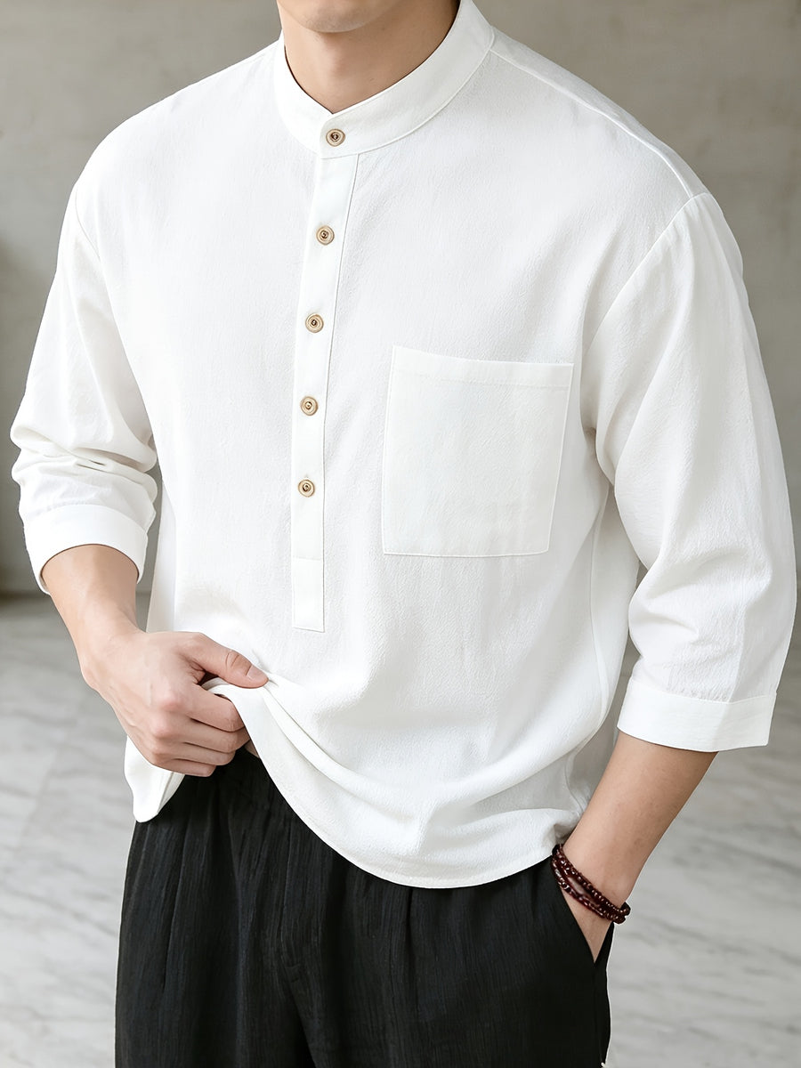 Pullover Three-Quarter Sleeve Shirt Men'S Summer Chinese Style Casual Stand-Up Collar Solid Color T-Shirt Short Sleeve Loose Shirt - 10225-7788 White