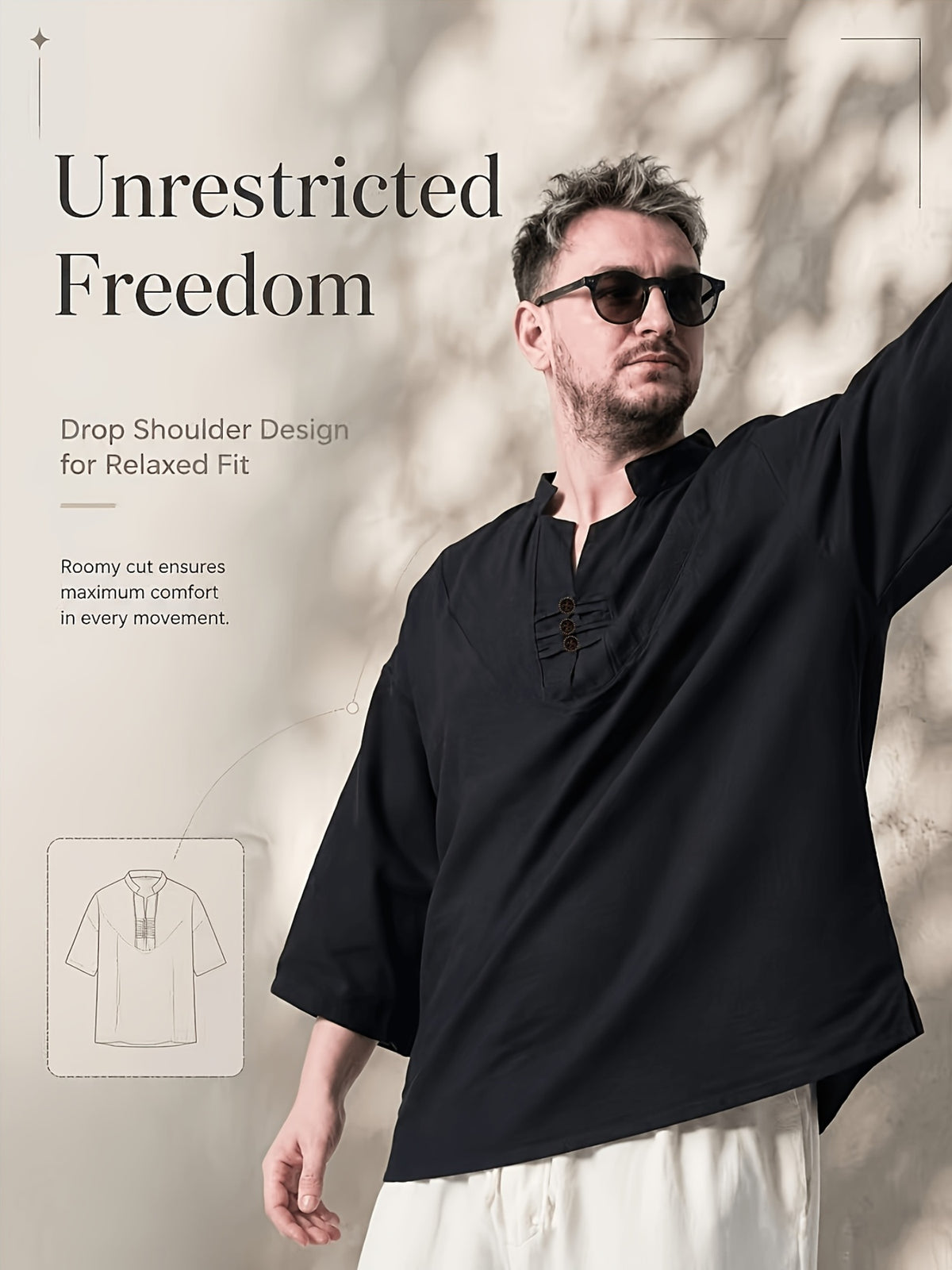 2pcs/Men'S Casual Shirts, New Linen V-Neck Casual Pullover Shirts for Daily Casual Wear, Solid Color 3/4 Sleeve Design, Suitable for Spring, Summer, And Autumn, Quick-Dry Non-Stretch Fabric, Loose Fit, Perfect Gift! - Black