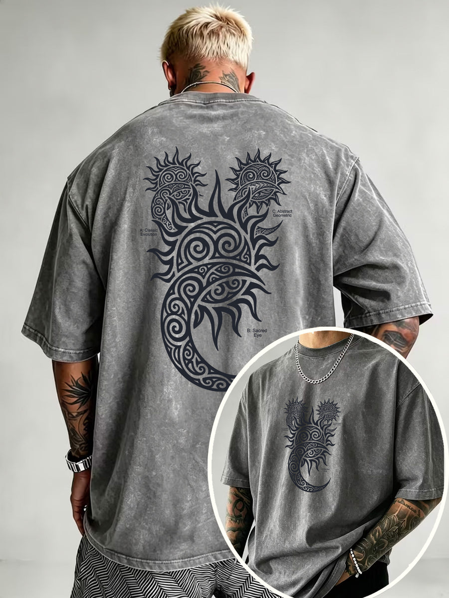 Washed Distressed Short Sleeve Loose Top, Tribal Totem Sun Vortex Trendy Print, Multi-Color Casual Matching, American Street Hip-Hop High Street Style, Daily Outing Commute Sports Fitness Couple Statement Versatile T-Shirt - Grey