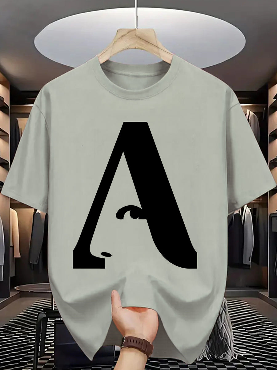 Men's T-Shirt with Letter A Print - Casual Wear - Light Grey