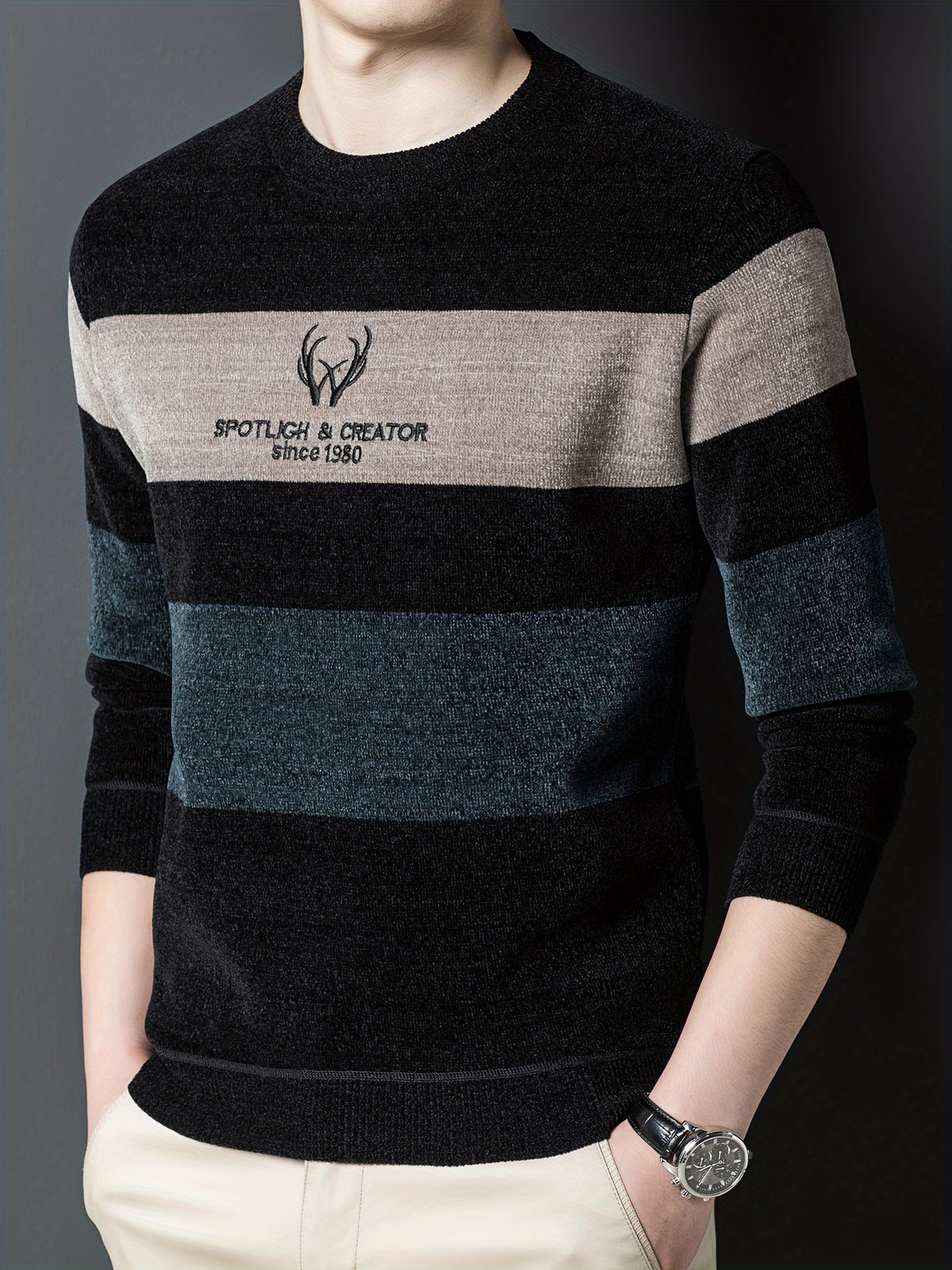 New Winter Striped Men'S Round-Neck Sweater, Fleece-Lined for Comfort, Stylish And Casual, Warm Pullover Knit Top, Thick Winter Men'S Clothing - Sea Blue