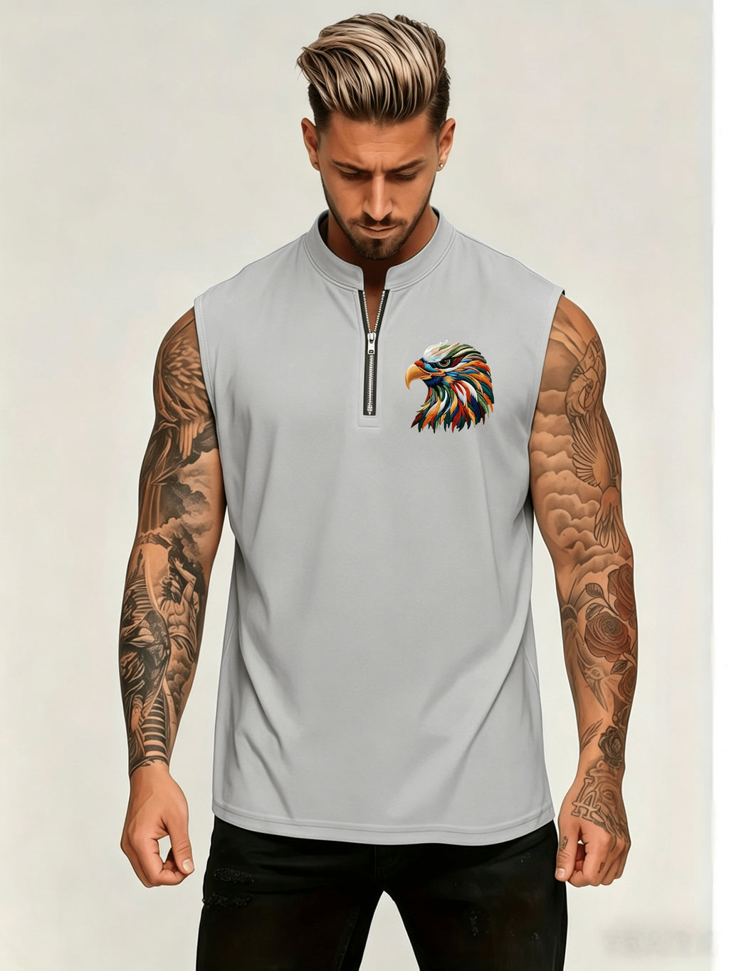 Men'S Summer New Style Sleeveless Zipper Henley Shirt, Outdoor Fitness Sports Comfortable Casual Fashion Sleeveless POLO Top - Dark Gray