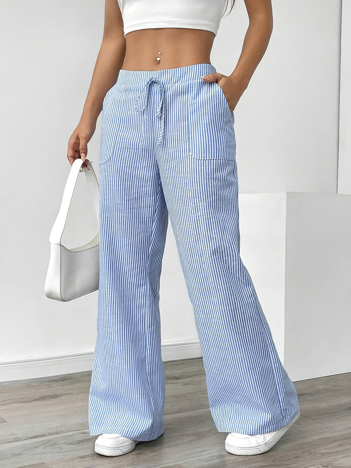 Women's French-Style Elegant Casual Commuter Striped Wide-Leg Pants, New Spring/Summer Loose Fashion Trousers with Pockets, Straight-Leg Versatile Style Zdz073103 - Sky Blue