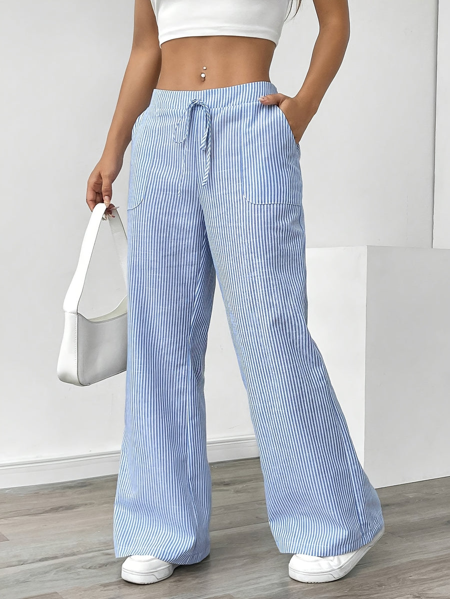 Women's French-Style Elegant Casual Commuter Striped Wide-Leg Pants, New Spring/Summer Loose Fashion Trousers with Pockets, Straight-Leg Versatile Style Zdz073103 - Sky Blue