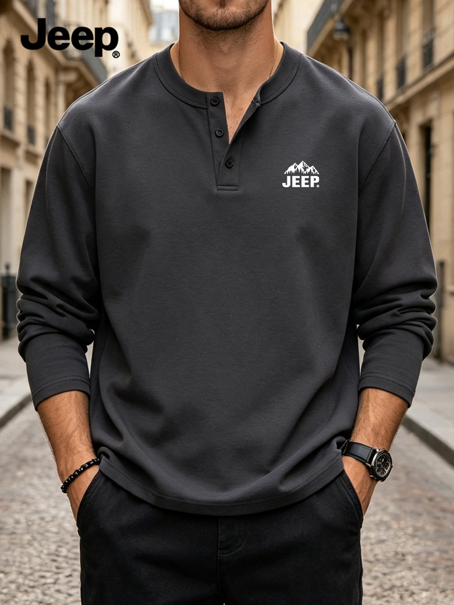 JEEP Men'S Henley Collar Half-Button T-Shirt Spring Autumn Blend Button-Up Long Sleeve Outdoor Casual All-Match Top - Dark Gray