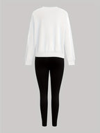 1014Gwen, 1 Set of Casual Women's Sweatshirt Set, 2pcs, Letter Print, Round Neck Long Sleeve Sweatshirt, Long Leggings, Can Be Worn Alone or as a Layering Piece, Suitable for Autumn and Winter, Women's Clothing - White+black