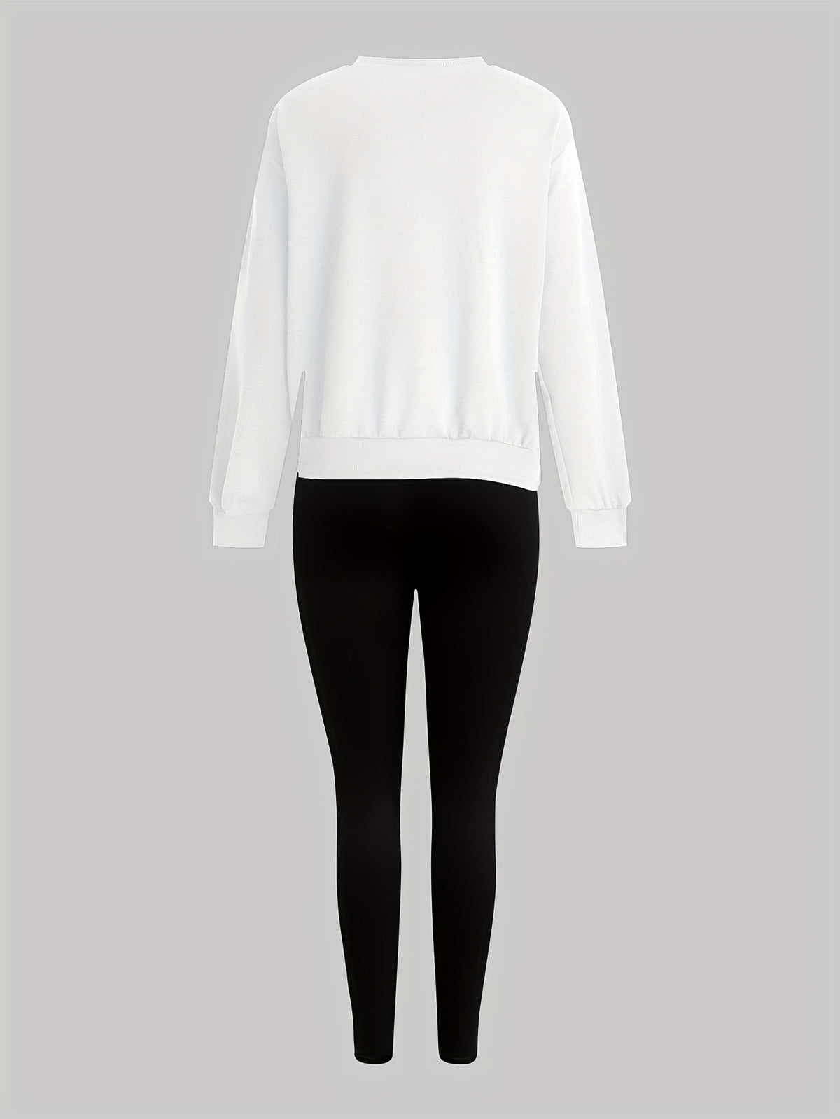 1014Gwen, 1 Set of Casual Women's Sweatshirt Set, 2pcs, Letter Print, Round Neck Long Sleeve Sweatshirt, Long Leggings, Can Be Worn Alone or as a Layering Piece, Suitable for Autumn and Winter, Women's Clothing - White+black