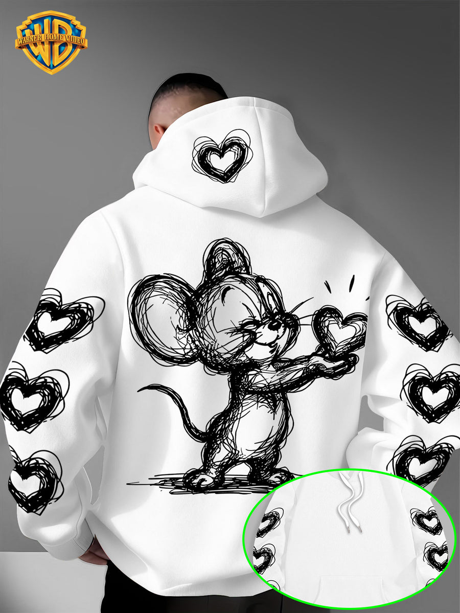 Warner Bros. Officially Licensed Men's Hoodie, Featuring Retro-style Cartoon Character Heart-shaped Pattern Design, Hand-drawn Sketch Art Print, Suitable for Casual Streetwear, Ideal for Daily Wear, for Travel or Weekend Outings - White