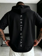 Men's Drawstring Short-Sleeve Hoodie - European and American High Street Style Men's Hooded Short-Sleeve Hoodie with  Vertical English Letter Print on the Back, Featuring Functional Stretch Technology, Wrinkle-Resistant, Crisp, and Slim-Fitting - Black