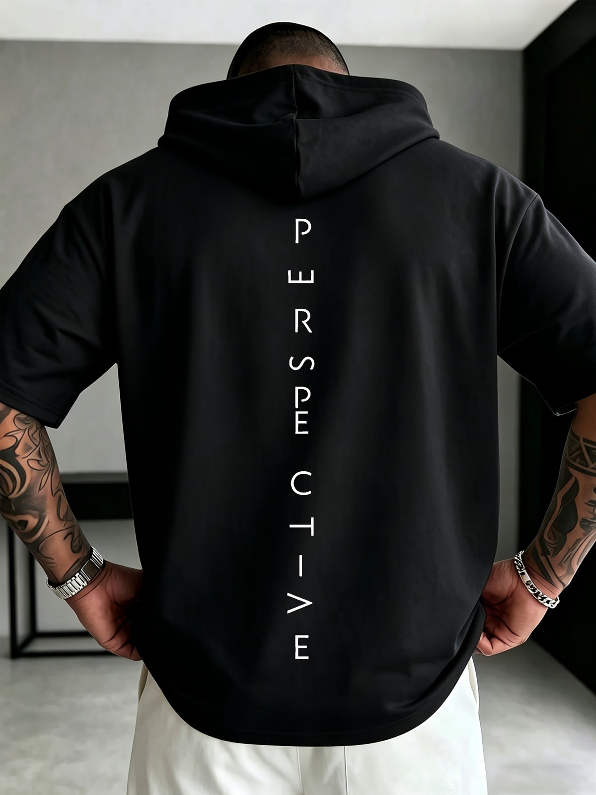 Men's Drawstring Short-Sleeve Hoodie - European and American High Street Style Men's Hooded Short-Sleeve Hoodie with  Vertical English Letter Print on the Back, Featuring Functional Stretch Technology, Wrinkle-Resistant, Crisp, and Slim-Fitting - Black