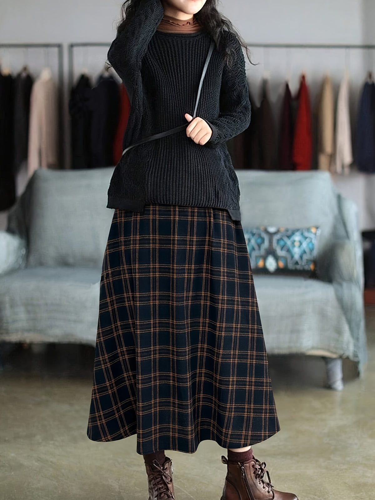 Women's Spring/autumn Casual/vacation Style Side Pocket Elastic Waist Vintage Plaid A-line Long Skirt - Navy blue color