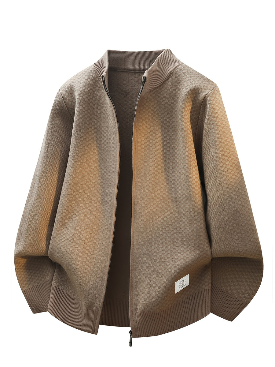 New Autumn And Winter Men'S Stand-Up Collar Knitted Cardigan with Lazy Style, Solid Color Sweater Jacket, Casual And Fashionable Outerwear - Khaki