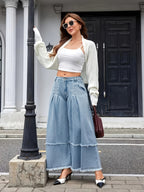 2026SS Standard Code Women'S Light Blue Washed Pleated Raw Edge Wide-Leg Jeans Women'S Loose Straight-Leg Pants Niche Design Double-Layer Raw Edge Trouser Legs Three-Dimensional Pleated Cover Hip High Waist Abdomen Hip Pear-Shaped Body Friendly Retr - Blue